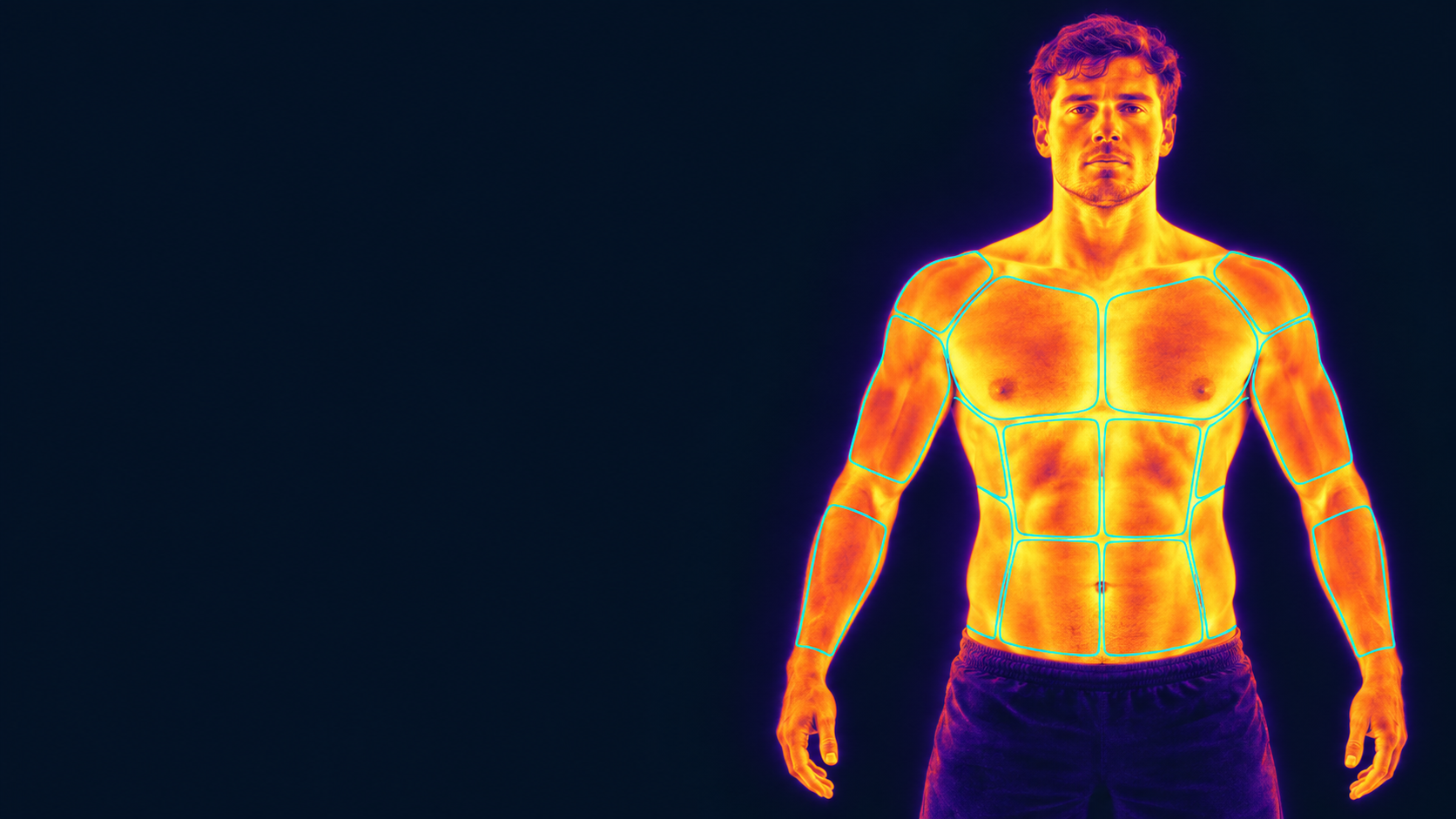 Ilustración de un deportista con colores térmicos y regiones señaladas en el torso y los brazos.